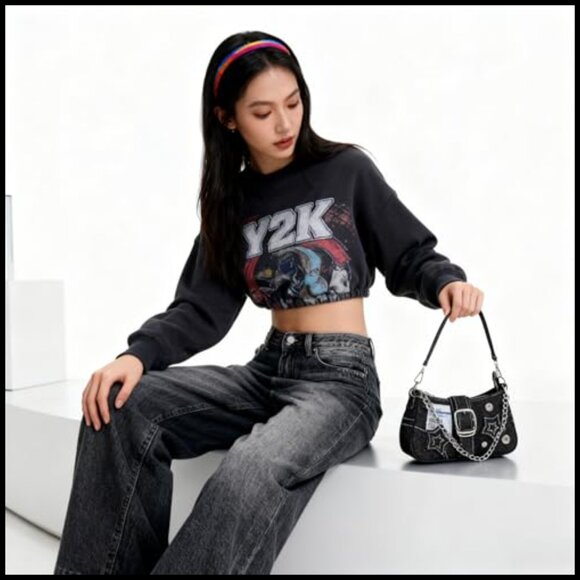 Y2K Mini Shoulder Bag Star Embroidery Retro Goth Style Chain Strap Purse - Picture 6 of 6
